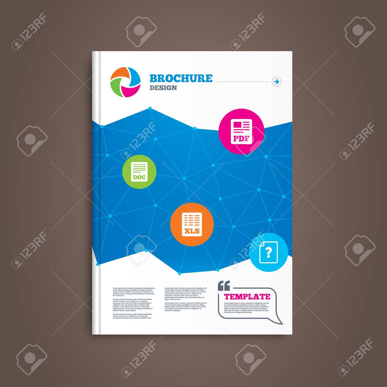 brochure or flyer design file document and question icons xls