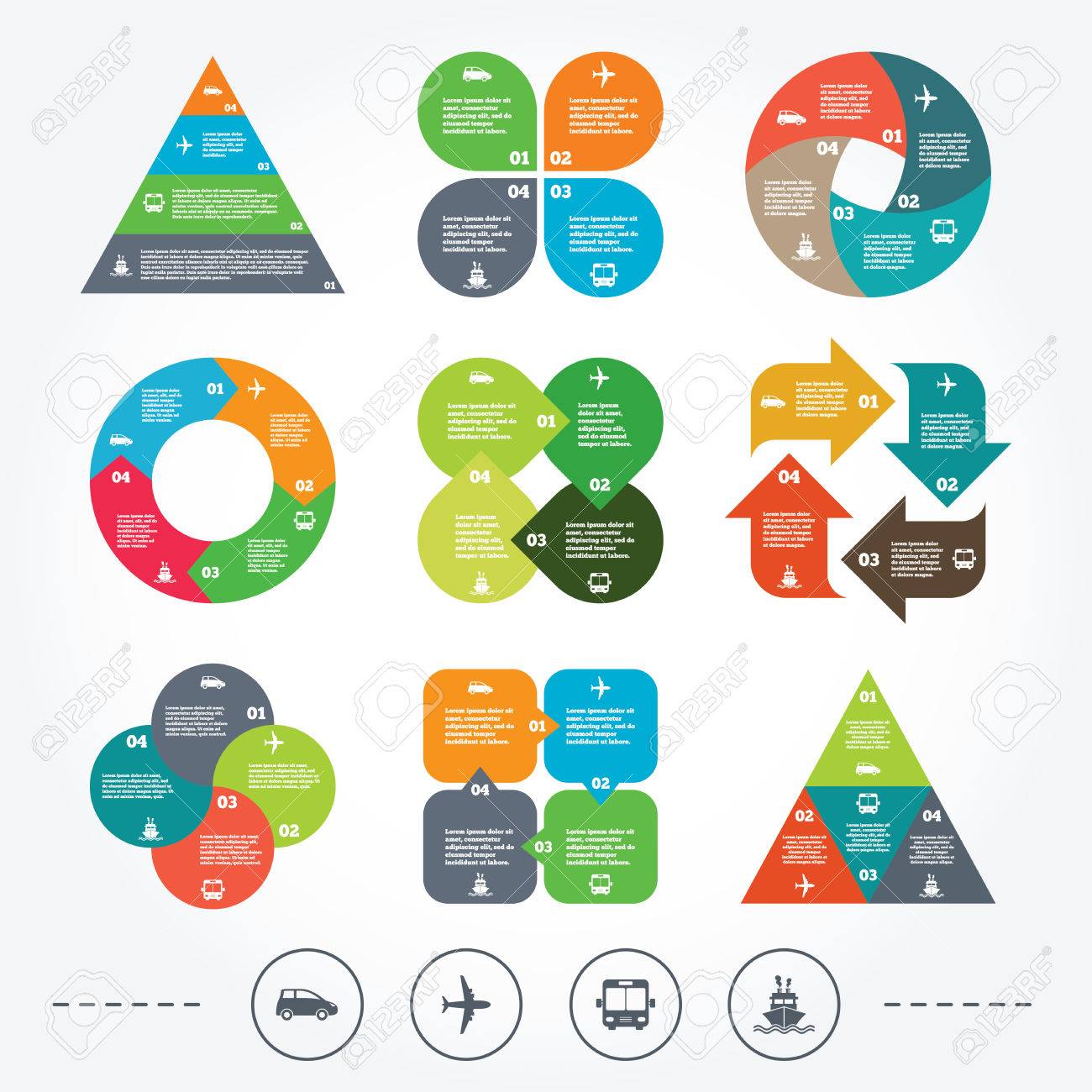 circle and triangle diagram charts transport icons car airplane ship charts