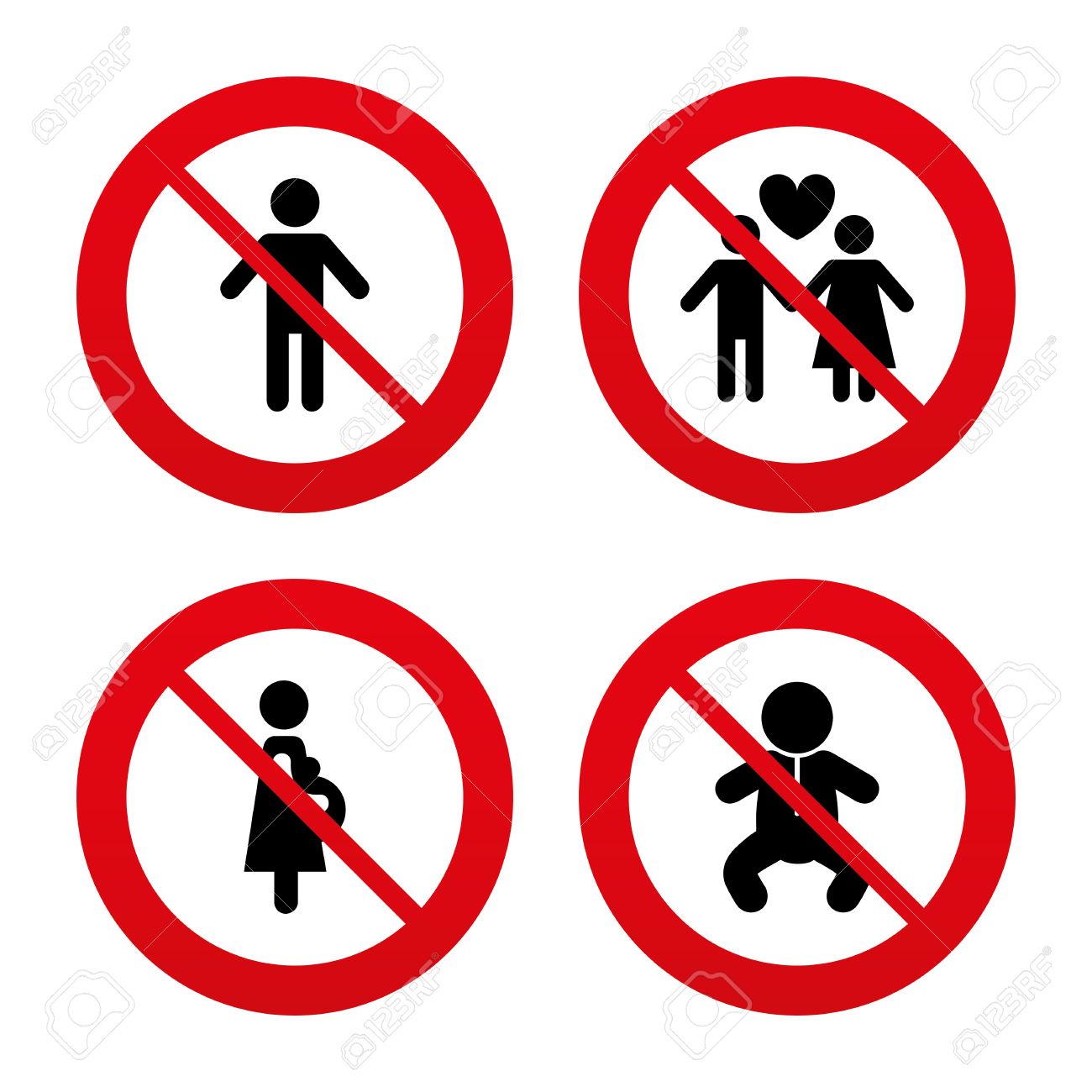 いいえ 禁止または一時停止の標識 家族の一生のアイコン 夫婦の愛 子シンボルの妊娠 出産 人間の男性人の気配 赤シンボルを禁止禁止 ベクトルのイラスト素材 ベクタ Image