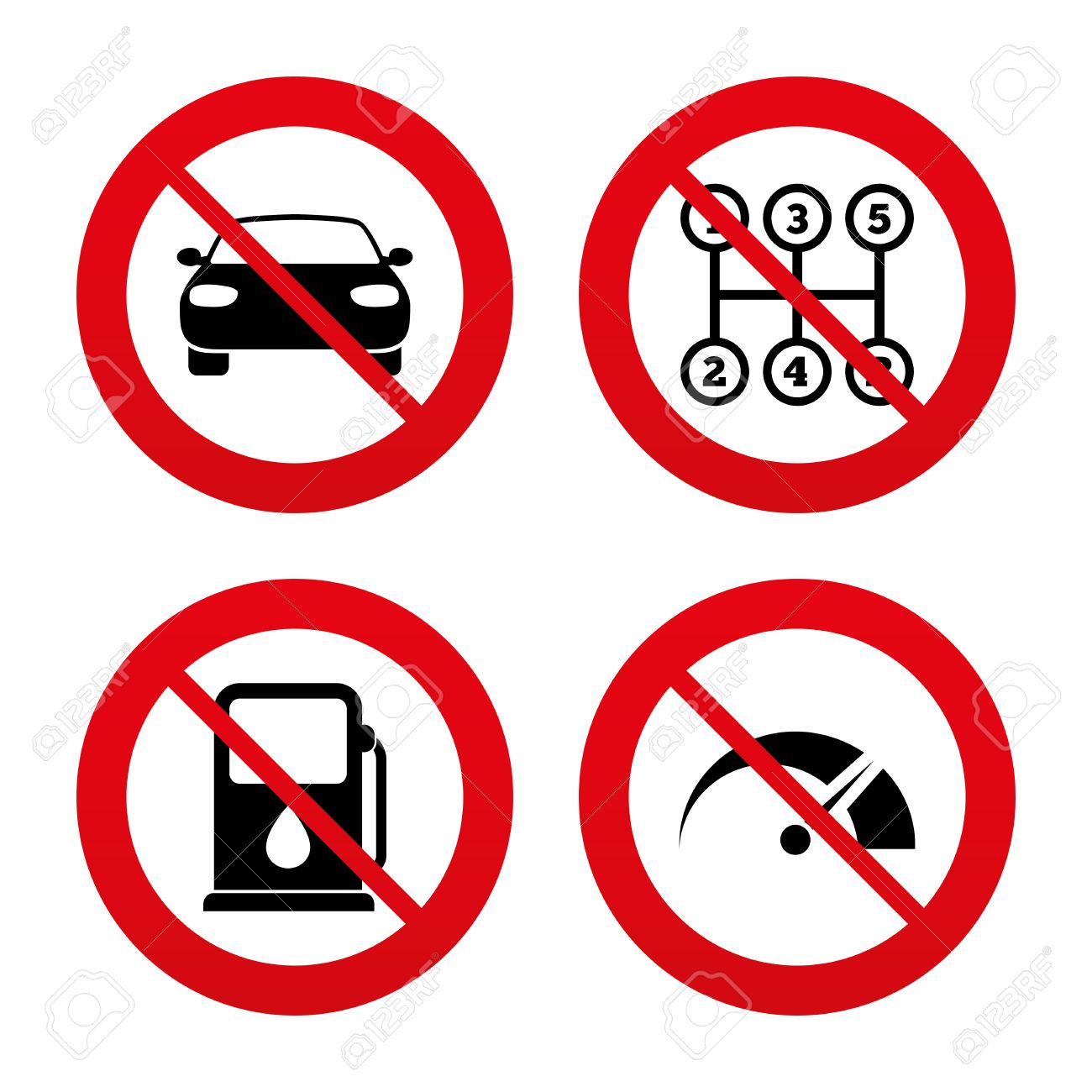 いいえ 禁止または一時停止の標識 トランス ポート アイコン 車のタコメーターとマニュアル トランス ミッションのシンボル ガソリンまたはガソリン スタンドの看板 禁止の赤い記号を禁じられています ベクトルのイラスト素材 ベクタ Image