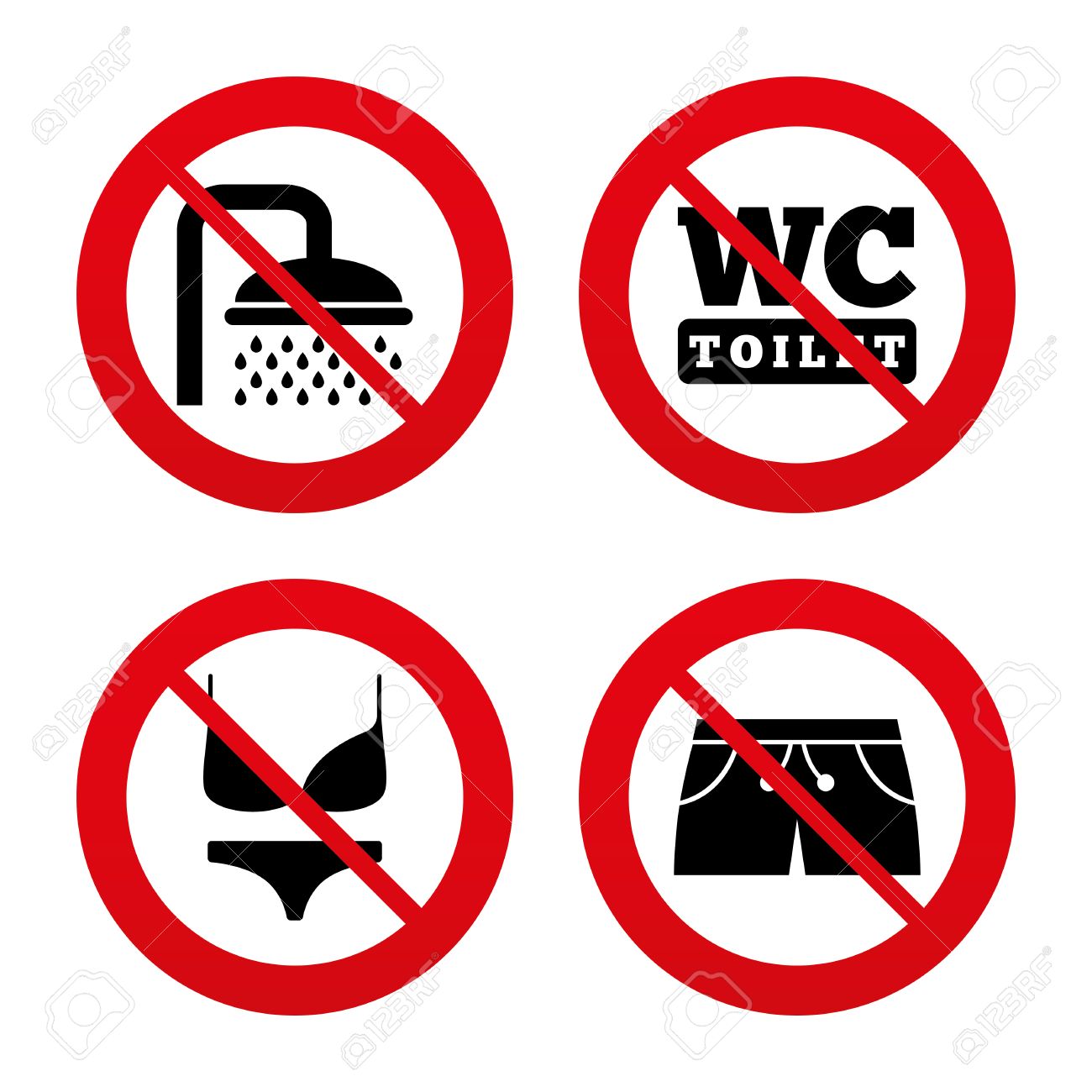 いいえ 禁止または一時停止の標識 スイミング プールのアイコン シャワーの水滴と水着のシンボル トイレ トイレのサイン トランクと女性下着 赤シンボルを禁止禁止 ベクトル のイラスト素材 ベクタ Image