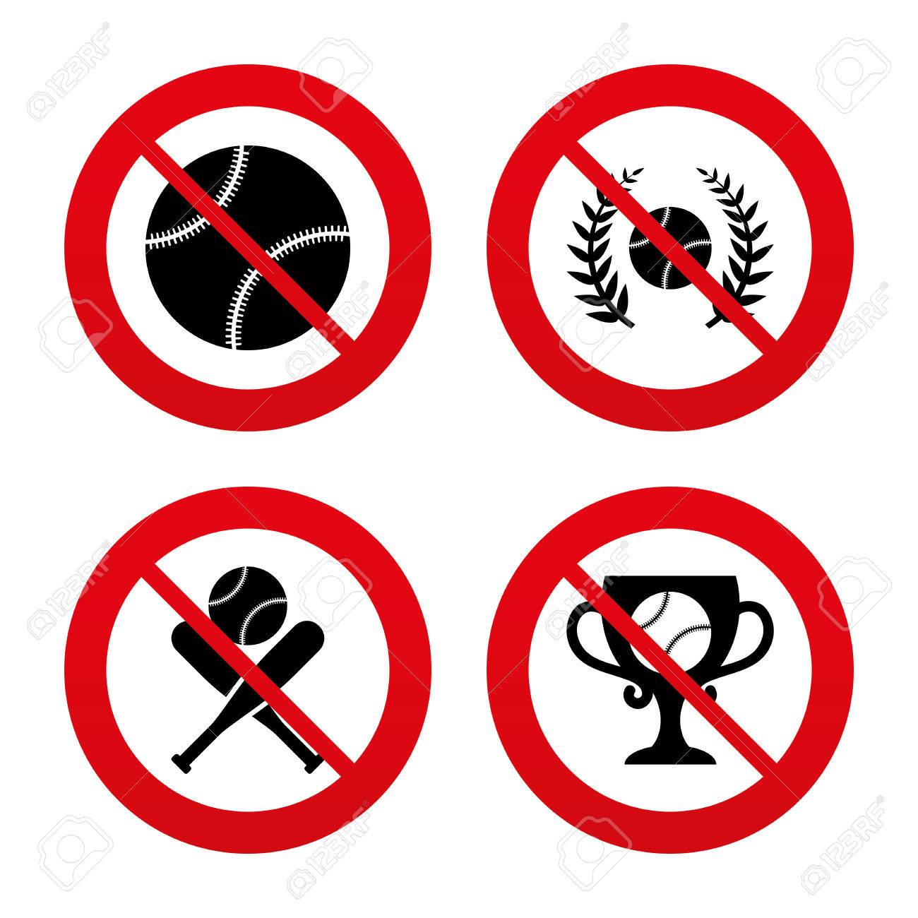 いいえ、禁止または一時停止の標識。野球のスポーツのアイコンです。手袋と 2 つの斜めのバット記号ボール。勝者賞カップ記号です。赤シンボルを禁止禁止。ベクトルのイラスト素材・ベクター  Image 40456332
