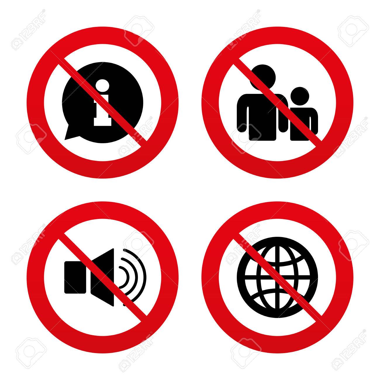 いいえ 禁止または一時停止の標識 案内所のマークです 人とスピーカーのボリューム記号のグループ インターネット世界の記号 通信アイコン 赤シンボルを禁止禁止 ベクトル のイラスト素材 ベクタ Image