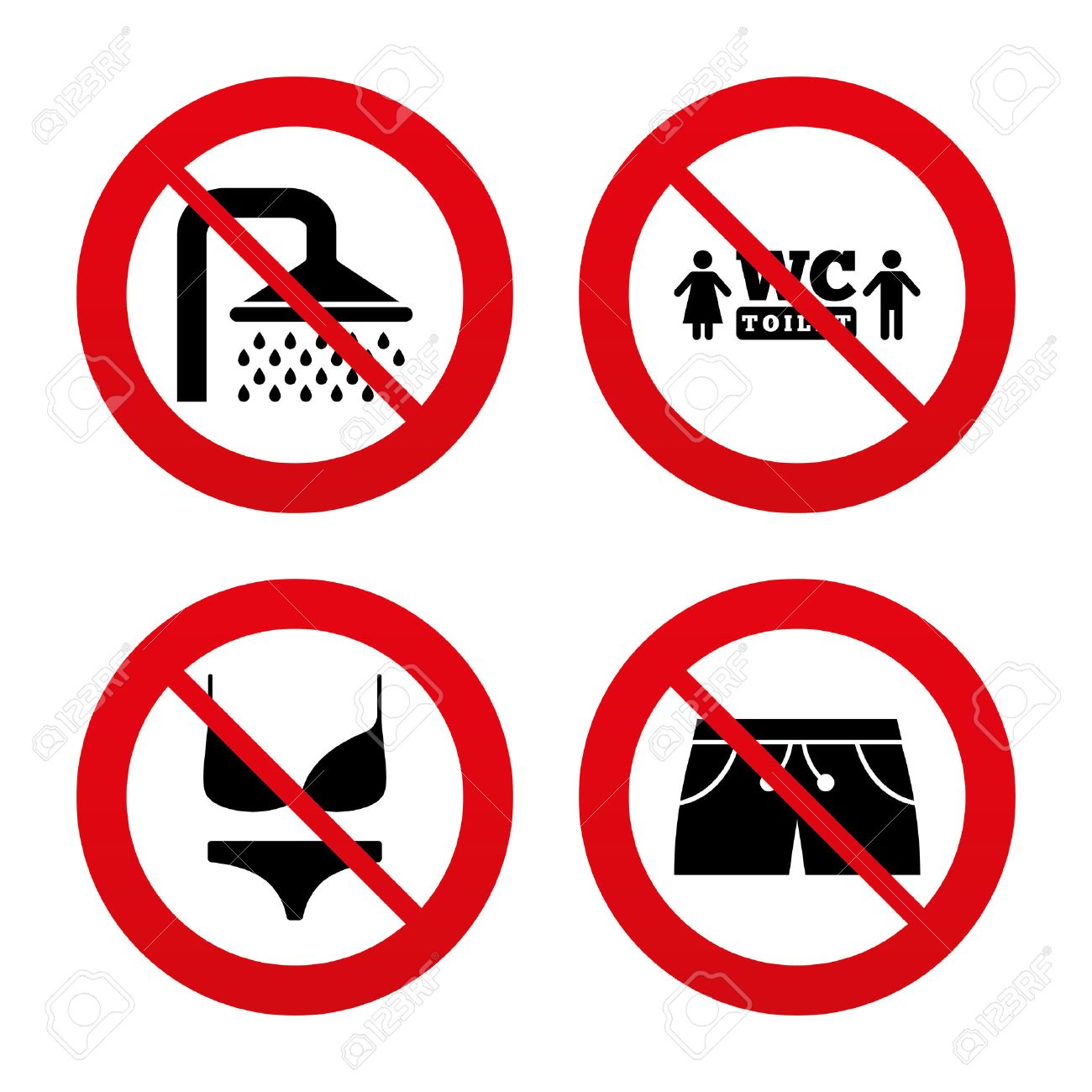Signos No, O Detenerse. Natación Iconos Piscina. De Agua Y Símbolos De Trajes De Baño. Muestra Del Tocador Wc. Trunks Y Mujeres La Ropa Interior. Prohibición Símbolos Rojos.