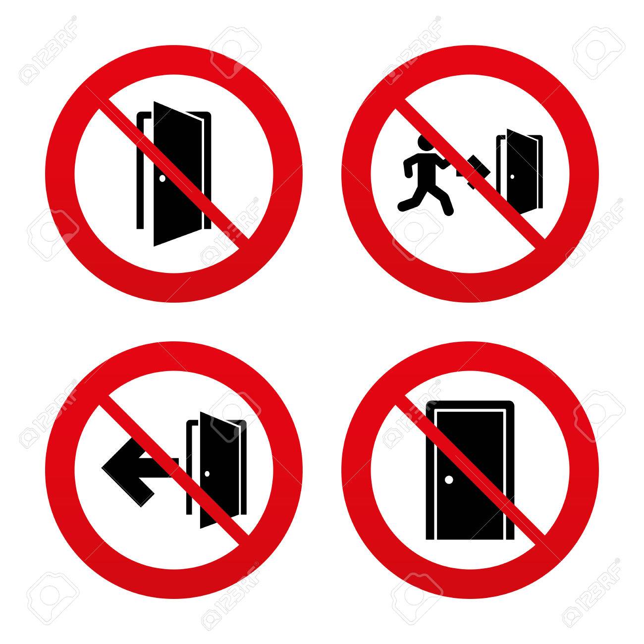 no ban or stop signs doors icons emergency exit with human figure and