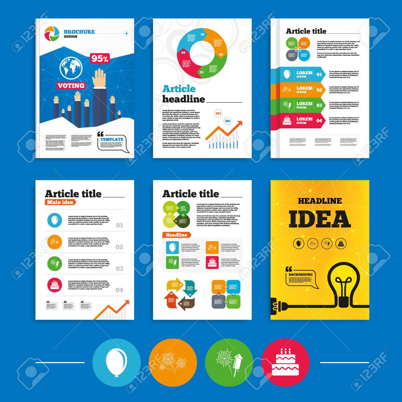 brochure or flyers design birthday party icons cake and gift balloon flyers