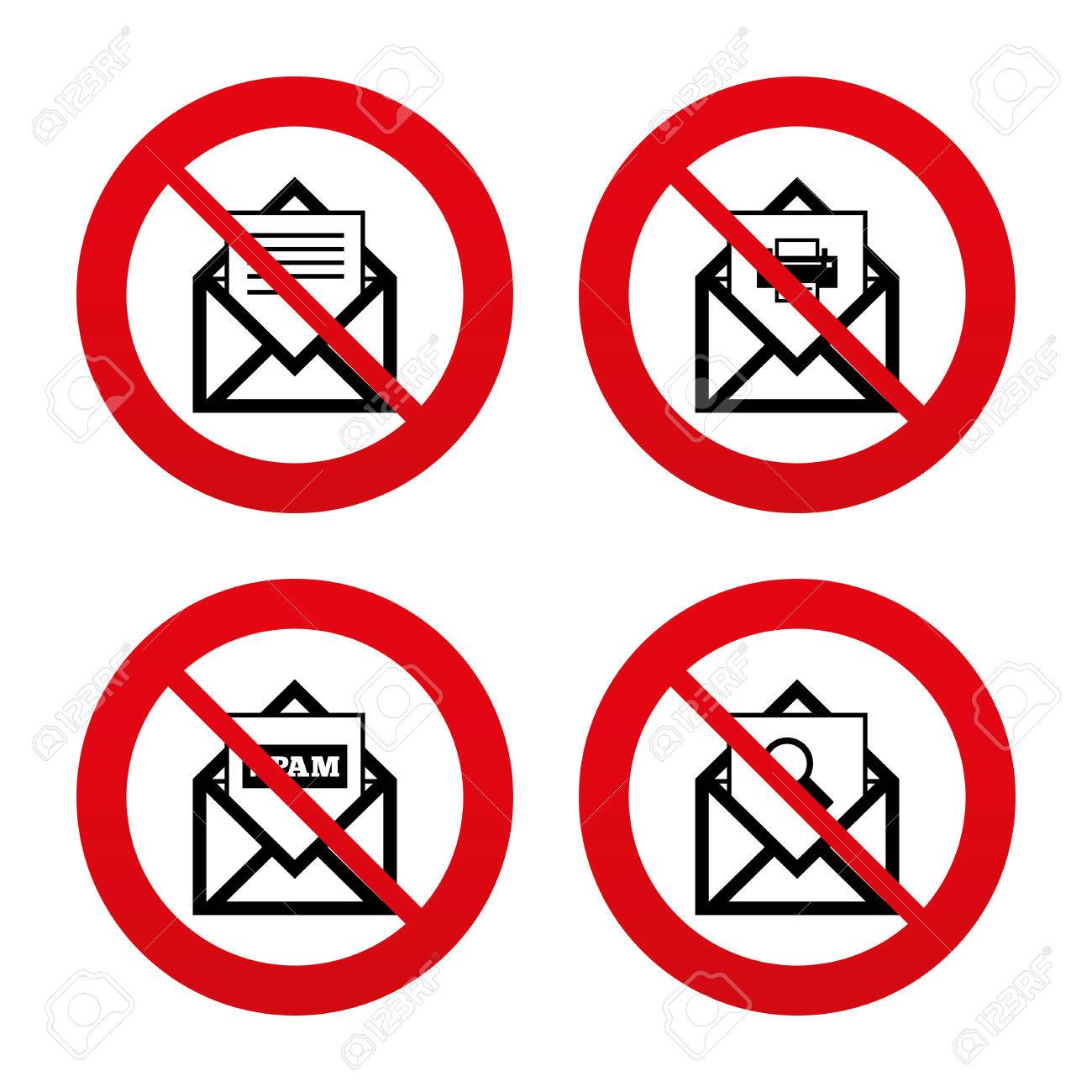 いいえ 禁止または一時停止の標識 封筒アイコンをメールします ドキュメントのメッセージ記号を印刷します 郵便局の文字 迷惑メールとメッセージのアイコンを検索します 赤シンボルを禁止禁止 ベクトルのイラスト素材 ベクタ Image