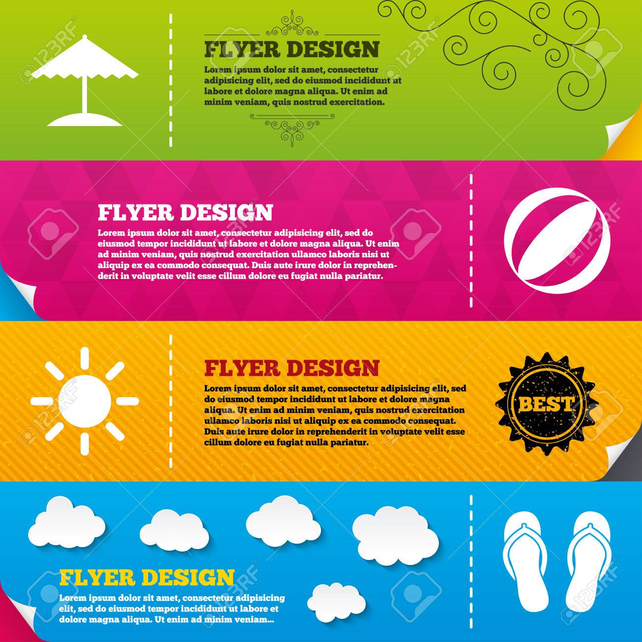 flyer brochure designs beach holidays icons ball umbrella