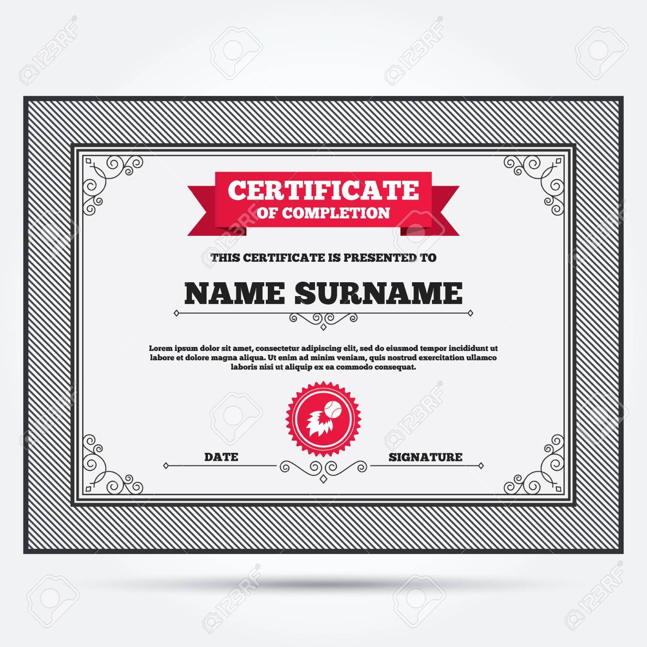 certificate of completion baseball fireball sign icon sport fireball label template