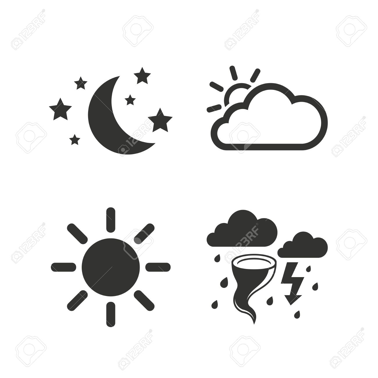 天気アイコン 月と星の夜 雲と太陽のサイン 嵐や雷のシンボルと雷雨 白地フラット アイコン ベクトル のイラスト素材 ベクタ Image 天気アイコン 月と星の夜 雲と太陽のサイン 嵐や雷のシンボルと雷雨 白地フラット アイコン ベクトル のイラスト素材 ベクタ Image