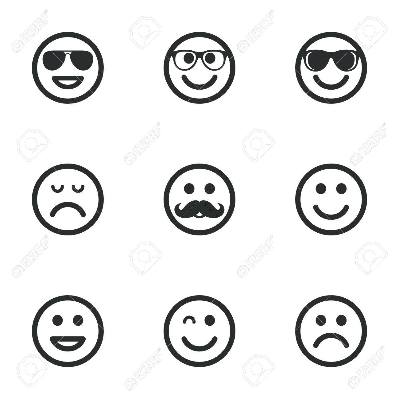 Icones De Sourire Heureux Triste Et Clin D Oeil Fait Face A Des Signes Lunettes De Soleil Moustache Et Rire Lol Symboles Smiley Icones Plates Sur Blanc Vecteur Clip Art Libres De Droits