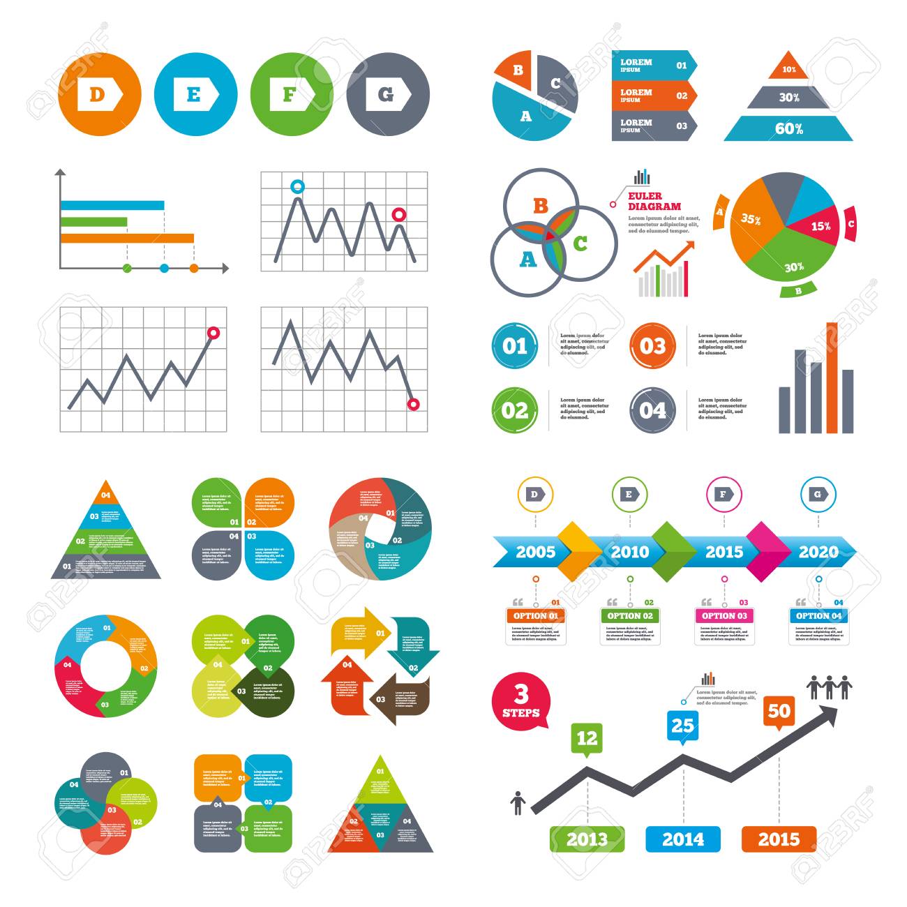 비즈니스 데이터 파이 차트 그래프. 에너지 효율 클래스 아이콘. 에너지 소비 기호를 기호화합니다. 종류 D, E, F 및 G. 시장보고  발표. 벡터 로열티 무료 사진, 그림, 이미지 그리고 스톡포토그래피. Image 46616164