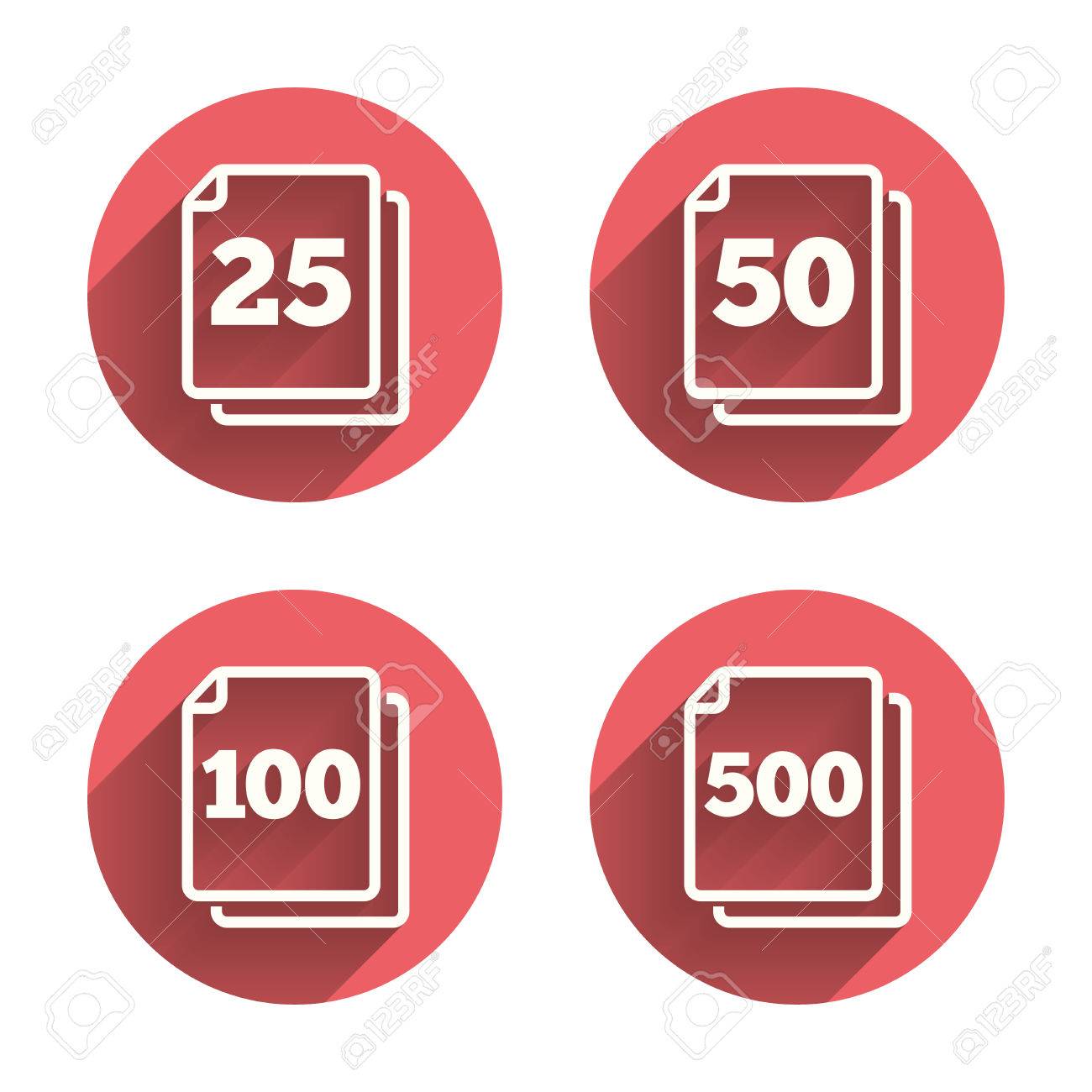 シートのアイコンをパックします パッケージ記号ごとの量 25 50 100 および 500 紙パック の標識の単位 ピンクの円の影とフラットなボタン ベクトルのイラスト素材 ベクタ Image