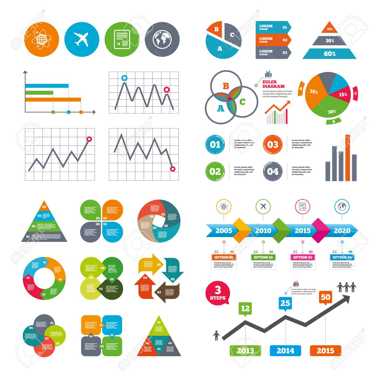 business data pie charts graphs airplane icons world globe free airport charts
