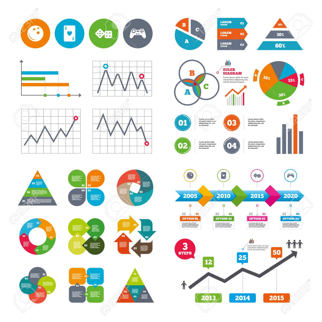 business data pie charts graphs bowling and casino icons video bowling charts