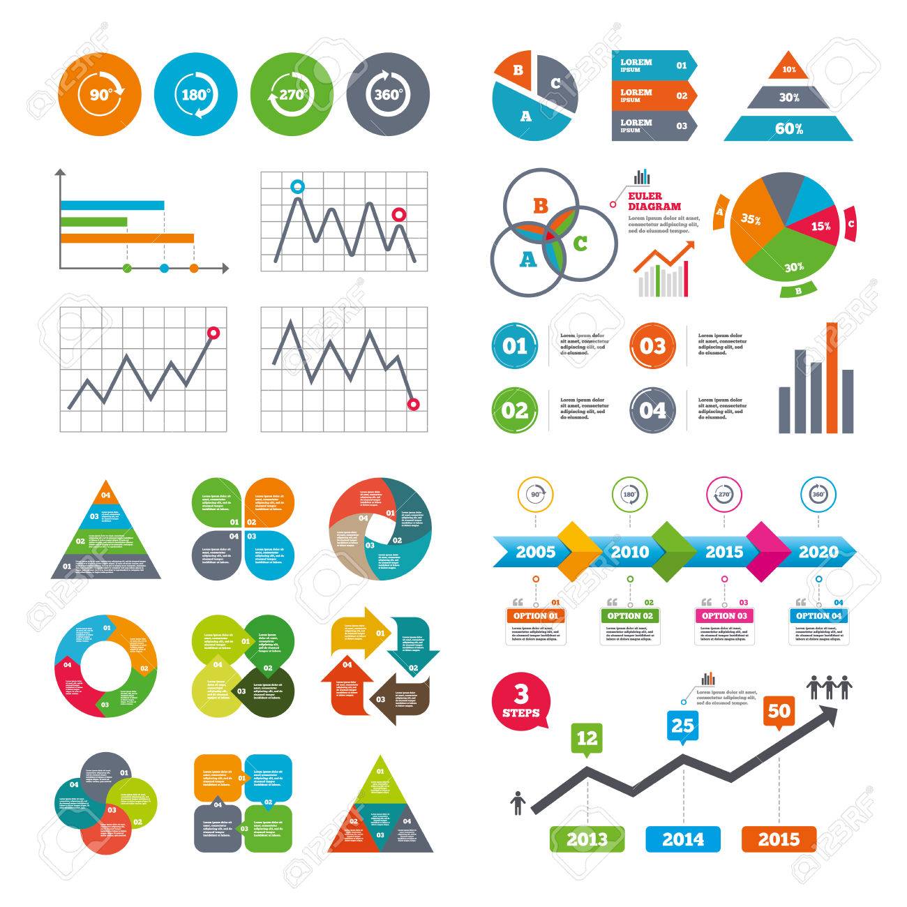 Business Data Pie Charts Graphs Angle 45 360 Degrees Circle Icons Geometry Math Signs Symbols Full Complete Rotation Arrow Market Report Presentation Vector Royalty Free Cliparts Vectors And Stock Illustration Image