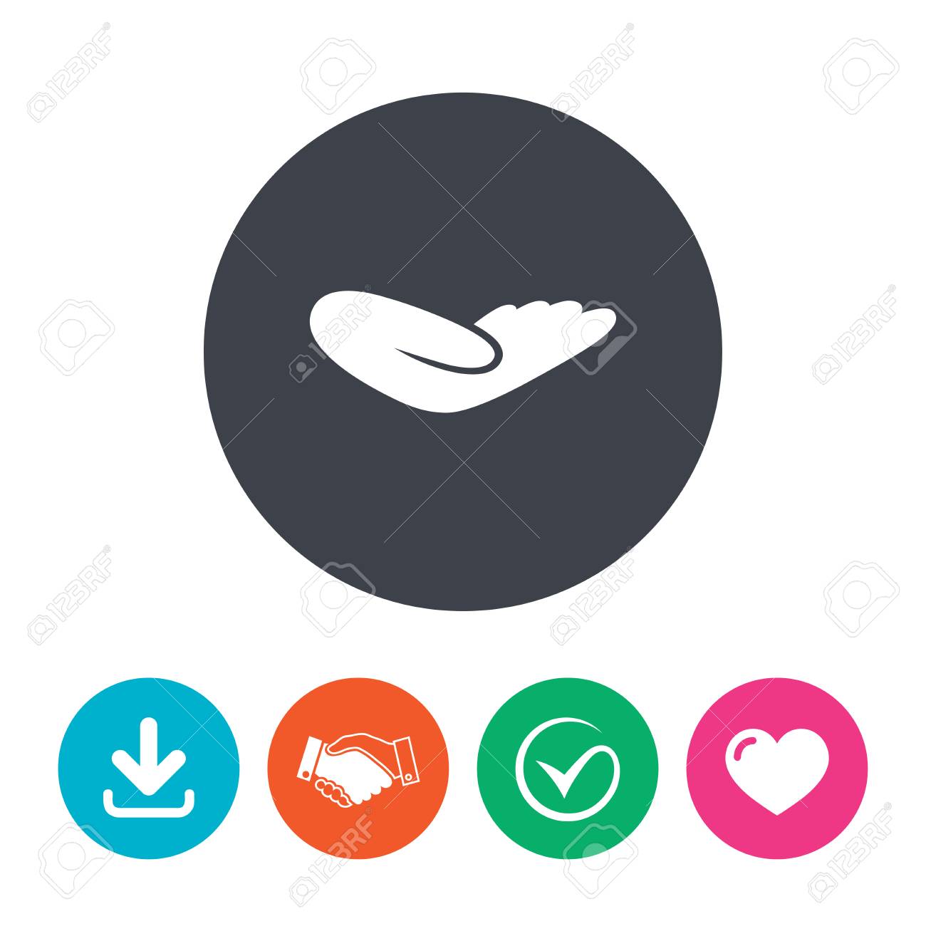 寄付の手印アイコン 慈善団体や基金のシンボル 人間の手のひらを支援します ダウンロードの矢印 ハンドシェイク ティックと心 フラット サークル ボタン のイラスト素材 ベクタ Image