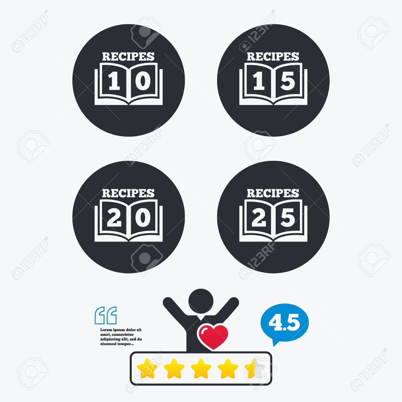 Cookbook icons. 10, 15, 20 and 25 recipes book sign symbols