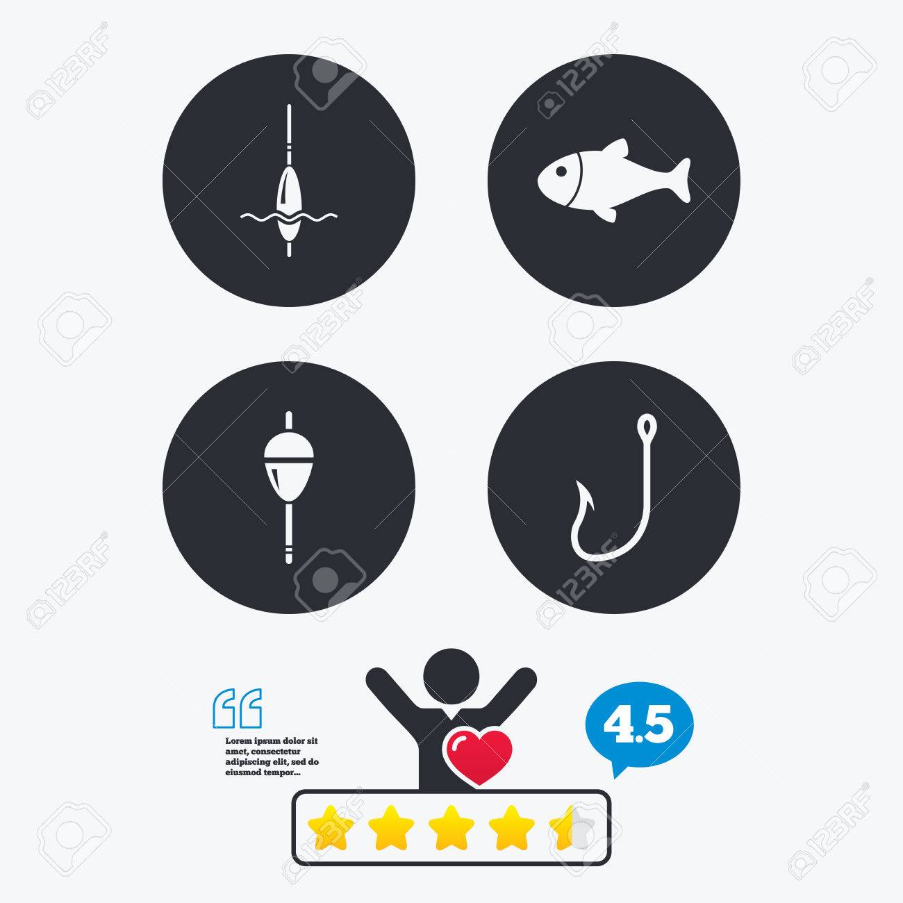 Icones De Peche Poisson Avec Le Signe Pecheurs De Crochet Float Symbole Bobber Classement Vote Etoile Client Comme Et Penser Bulle Citations Avec Le Message Clip Art Libres De Droits Vecteurs