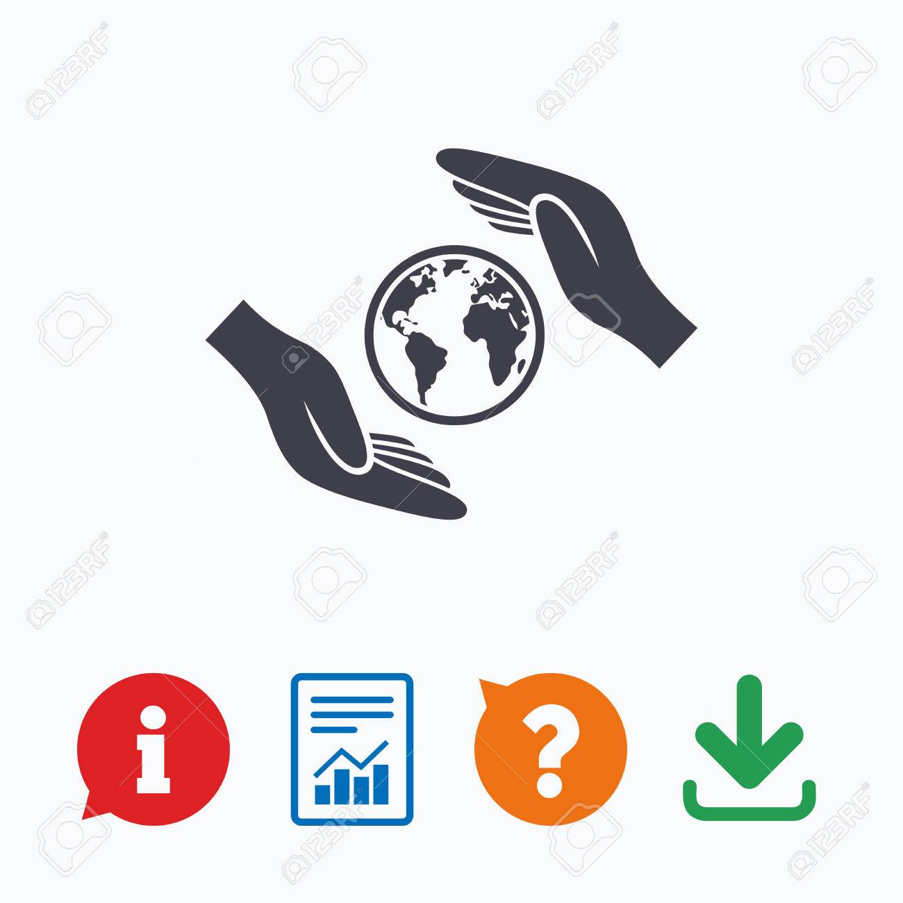 En Todo El Mundo Icono De La Muestra De Seguros Las Manos Protegen Símbolo Tapa Planeta Seguro De Viaje La Paz Mundial Información Pensar Burbuja Signo De Interrogación La Descarga Y El