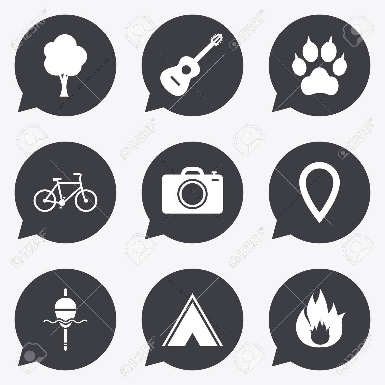 tourism camping icons fishing fire and bike signs guitar bike signs