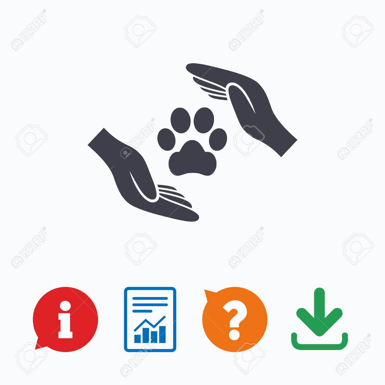 動物の保護記号アイコンです 手は足の記号を保護します 犬のための避難所 動物保険 情報には バブル 疑問符 ダウンロード レポートと思います のイラスト素材 ベクタ Image