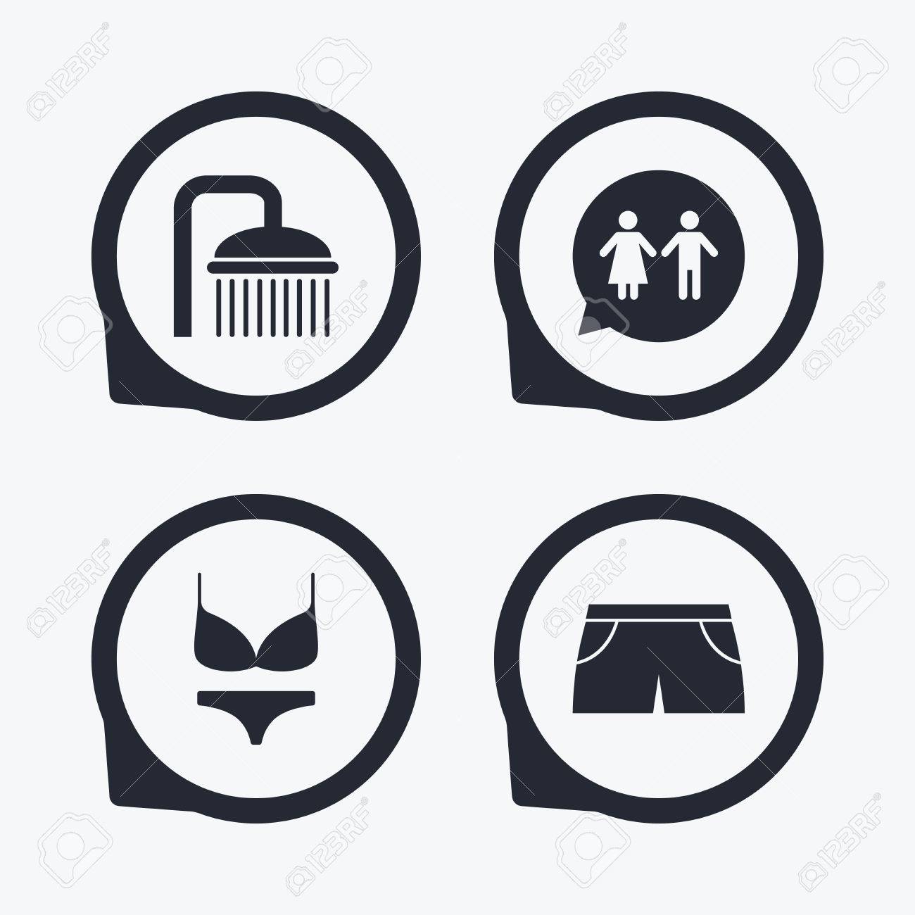 Natación Iconos De La Piscina. Ducha Gotas De Agua Y Símbolos De De Wc Wc De Burbuja De Diálogo. Troncos Y Las Mujeres Ropa Interior. Punteros Icono Planas. Ilustraciones