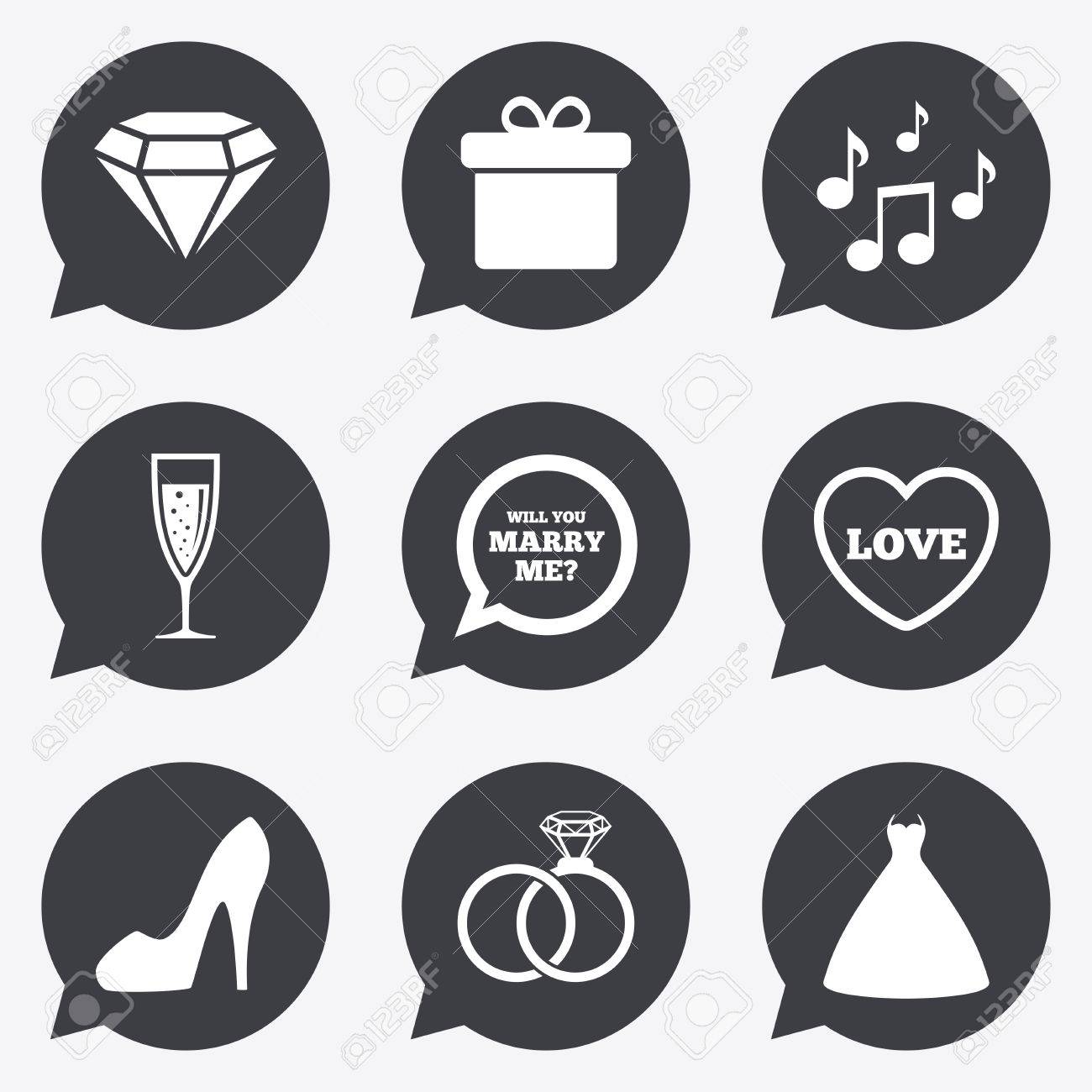 wedding engagement icons rings gift box and brilliant signs