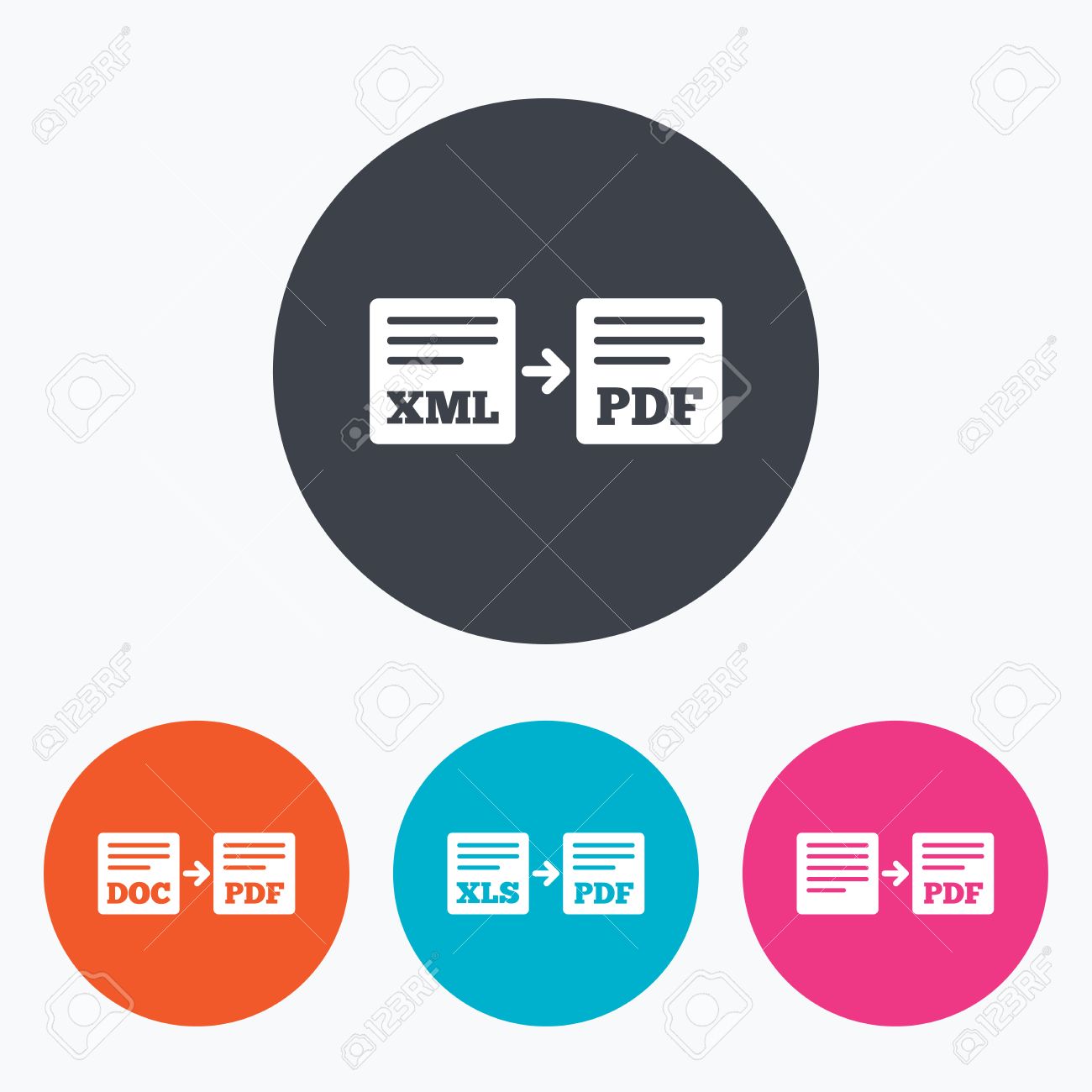 ファイルのアイコンをエクスポートします。Pdf ファイル、PDF のシンボルに XML ドキュメントに変換します。矢印の付いた Pdf ファイルを  Xls ファイルに署名します。サークル アイコンでフラットなボタン。のイラスト素材・ベクター Image 50983069