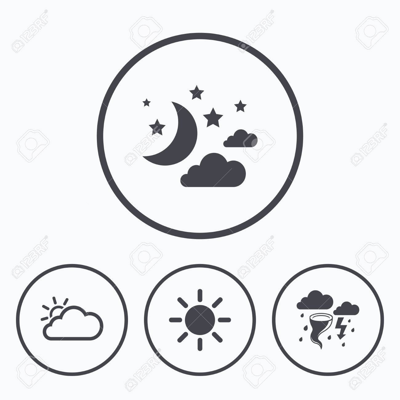 天気アイコン 月と星の夜 雲と太陽のサイン 嵐や雷のシンボルと雷雨 サークルのアイコン のイラスト素材 ベクタ Image 5328