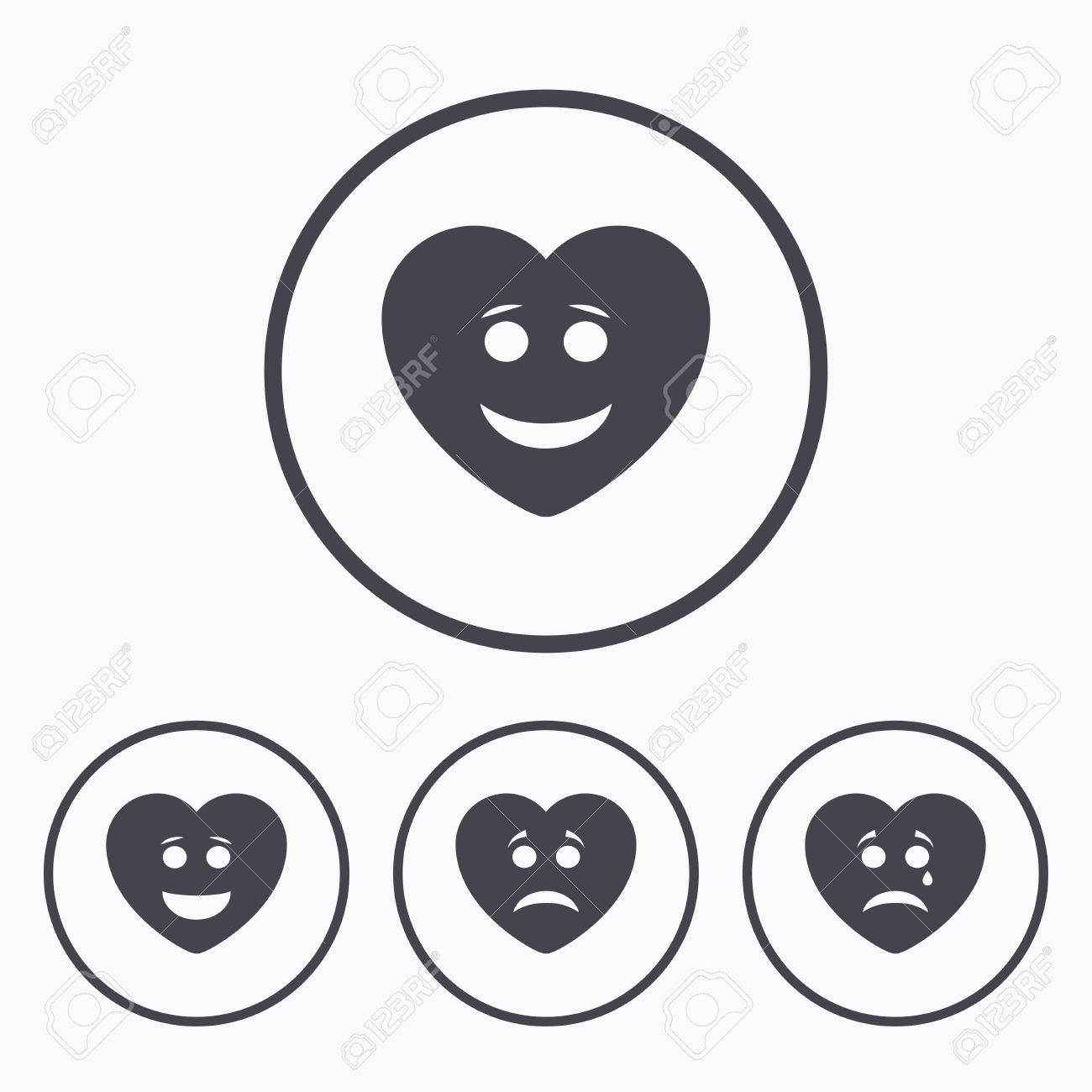 Coeur Sourire Icones De Visage Heureux Triste Pleurer Signes Joyeux Smiley Symbole De Chat La Depression Tristesse Et Pleurs Signes Icones Dans Les Cercles Clip Art Libres De Droits Vecteurs Et