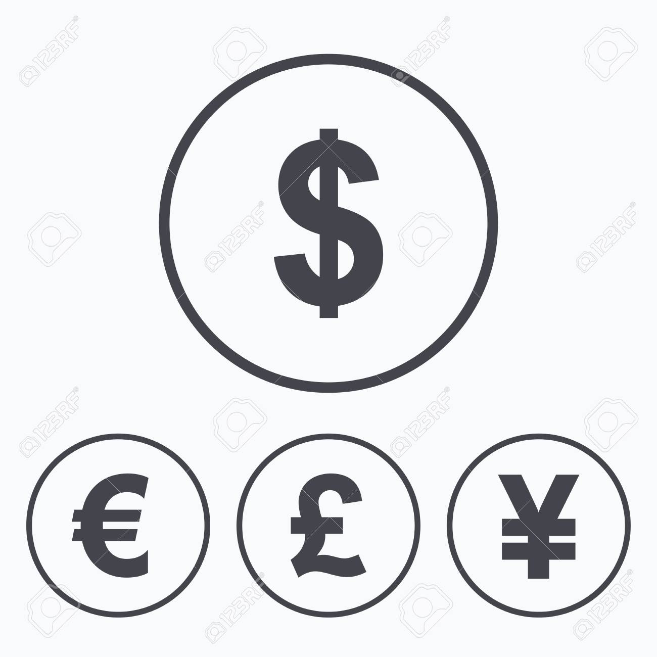 ドル、ユーロ、ポンド、円通貨のアイコン。米ドル、ユーロ、英ポンド、円お金のサイン。サークルのアイコン。のイラスト素材・ベクター Image  54335310