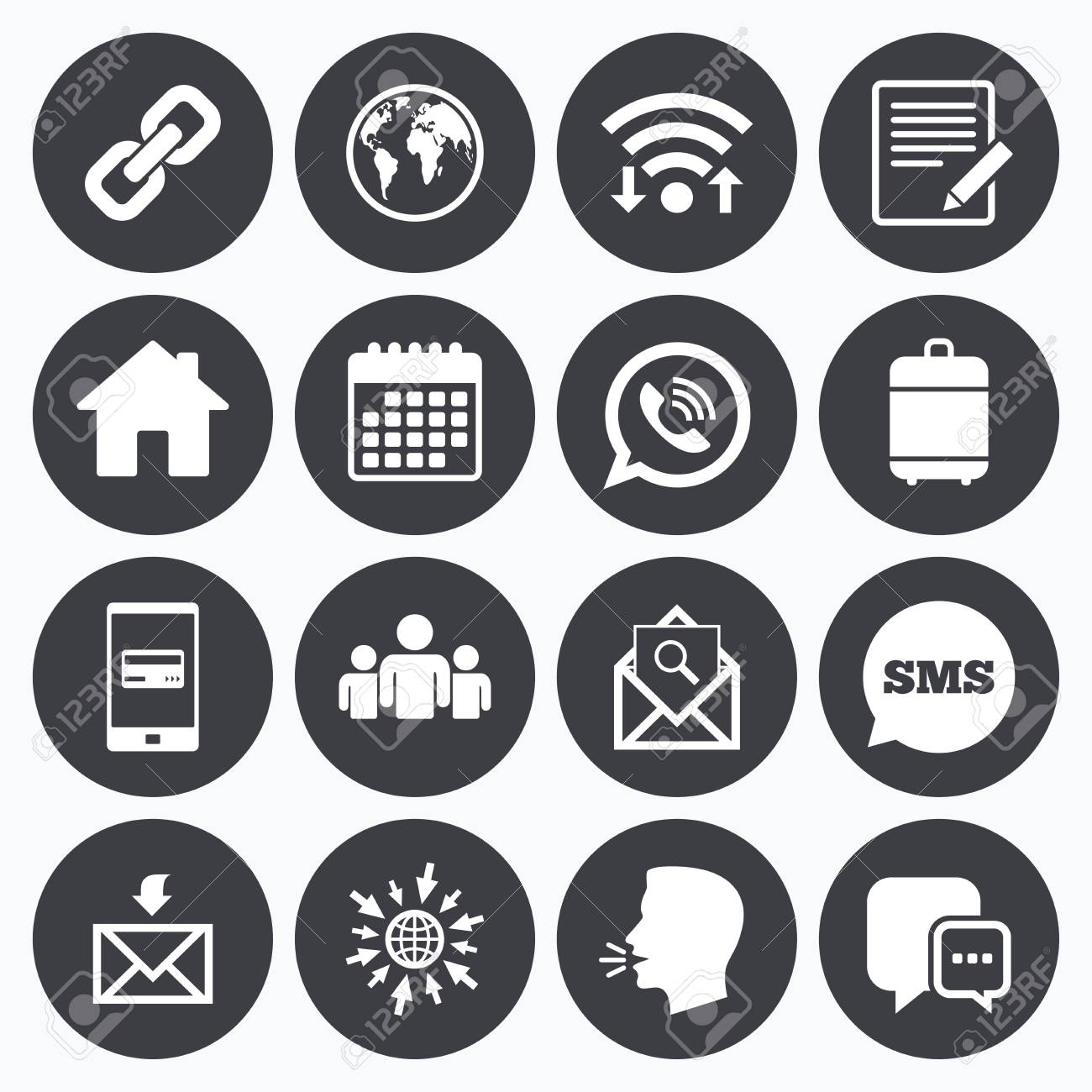 Wifi カレンダーや携帯電話の支払い 通信アイコン メールの署名にお問い合わせください 電子メール 電話 グループ シンボルを呼び出します Sms 吹き出し Web シンボルに移動します のイラスト素材 ベクタ Image