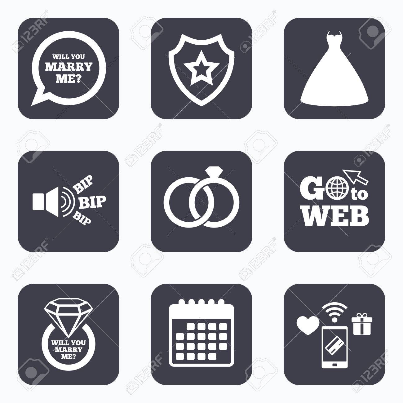 携帯電話の支払いは Wifi とカレンダー アイコン 結婚式ドレス アイコン 新郎新婦のリング記号です 結婚式や婚約日リングひし形の記号 吹き出しをプロポーズします Web シンボルに移動します のイラスト素材 ベクタ Image