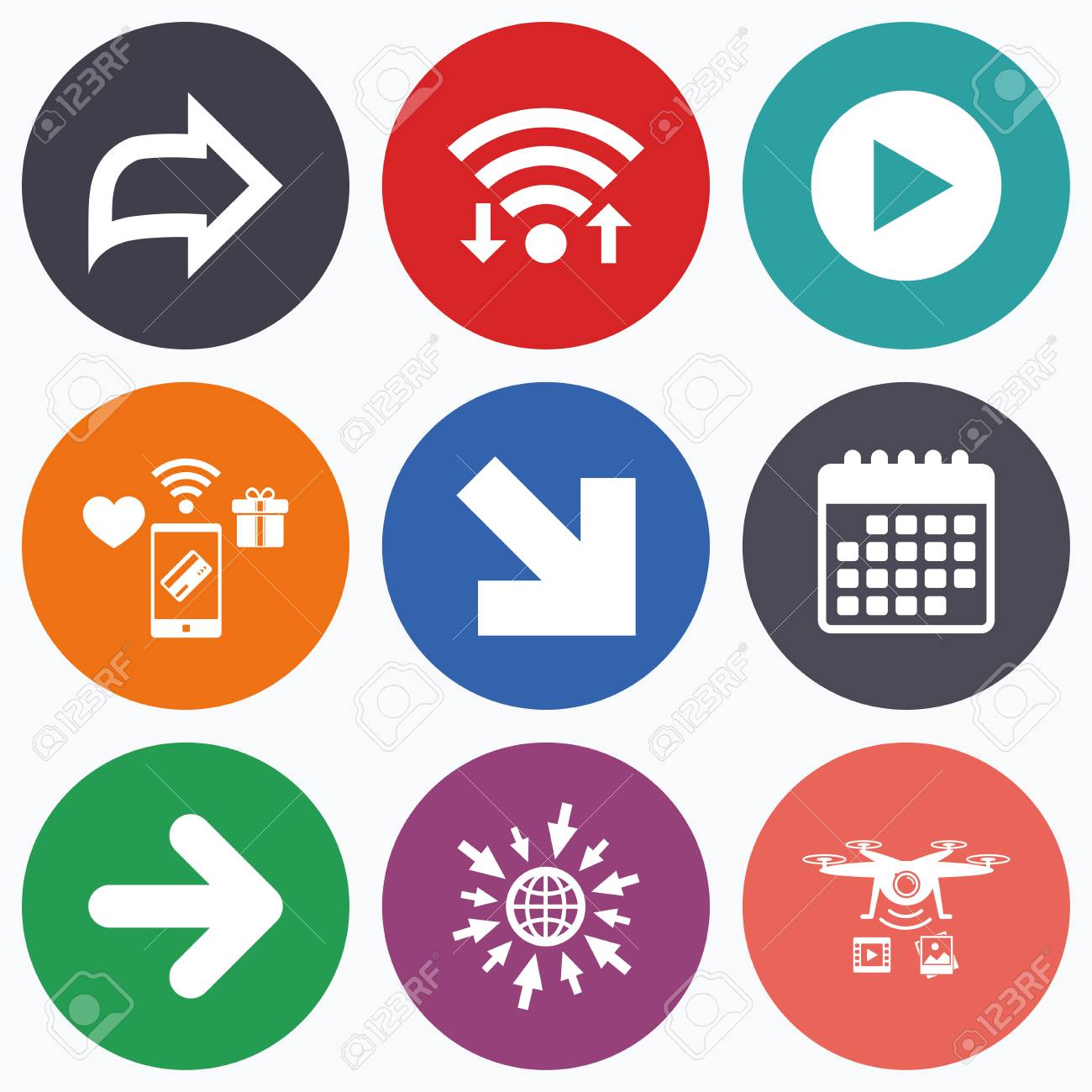 Wifi モバイル決済 無人偵察機のアイコン 矢印アイコン 次のナビゲーション矢印標識 方向の記号 カレンダーの記号です のイラスト素材 ベクタ Image