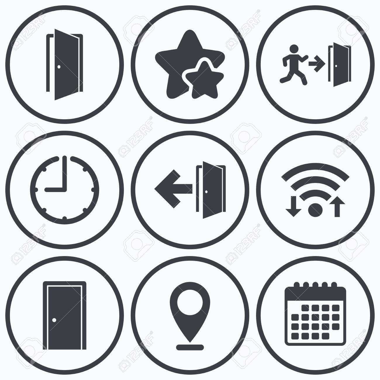 Clock Wifi And Stars Icons Doors Icons Emergency Exit With