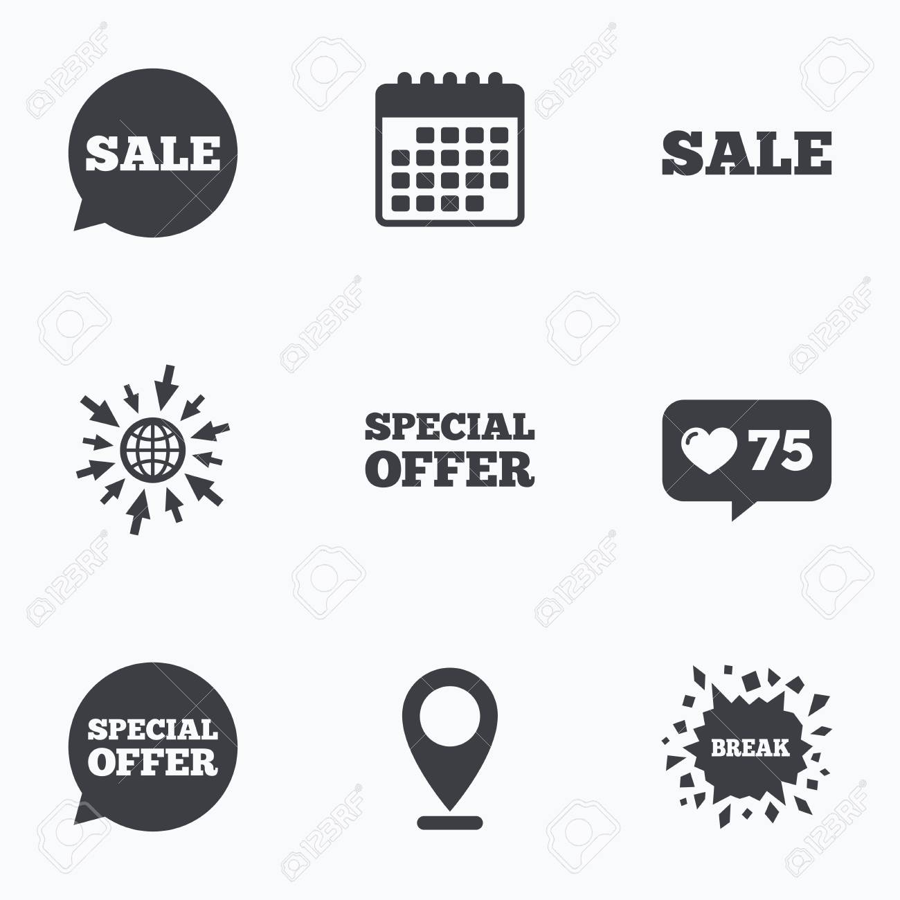 カウンターのようなカレンダー Web アイコンに進みます セール アイコン 特別オファー内の吹き出しにはシンボルが ショッピングの兆候 場所のポインター のイラスト素材 ベクタ Image