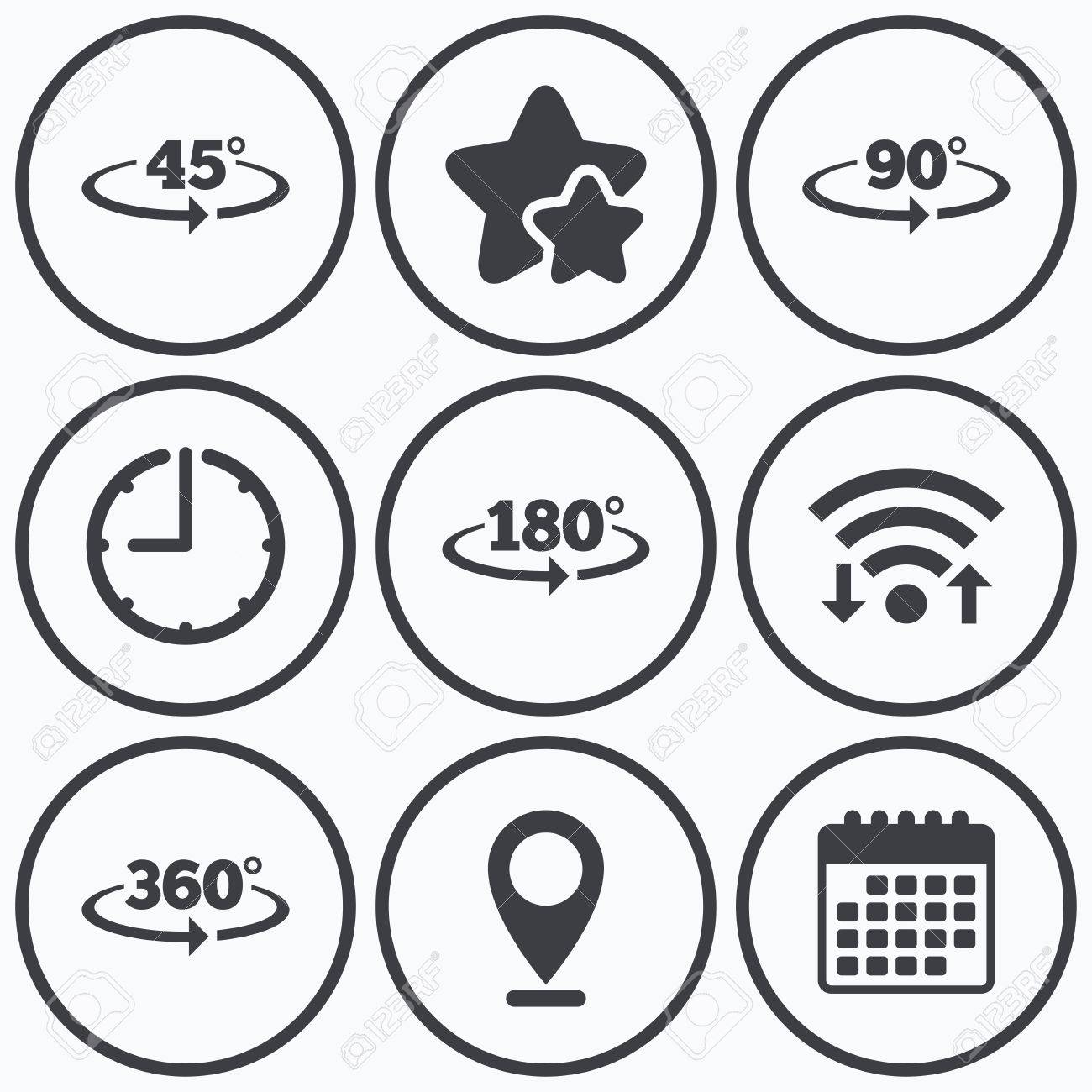 時計 Wifi 星のアイコン 角度 45 360 度アイコン 幾何学の数学記号に署名します 完全回転矢印に当てます カレンダーの記号です のイラスト素材 ベクタ Image