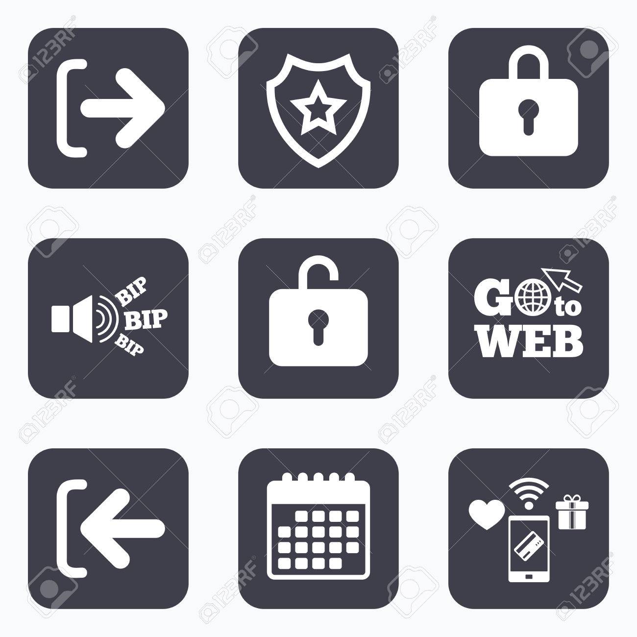 모바일 결제, 와이파이 및 캘린더 아이콘. 로그인 및 로그 아웃 아이콘. 로그인 또는 로그 아웃 기호. 자물쇠 아이콘입니다. 웹 기호로  이동하십시오. 로열티 무료 사진, 그림, 이미지 그리고 스톡포토그래피. Image 58292023