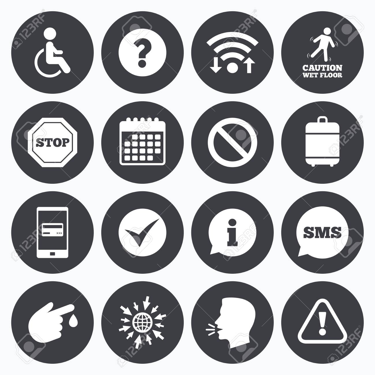 Wifi カレンダーや携帯電話の支払い 注意警告アイコン クエスチョン マークおよび案内サイン 傷害 障害者のシンボル Sms 吹き出し Web シンボルに移動します のイラスト素材 ベクタ Image