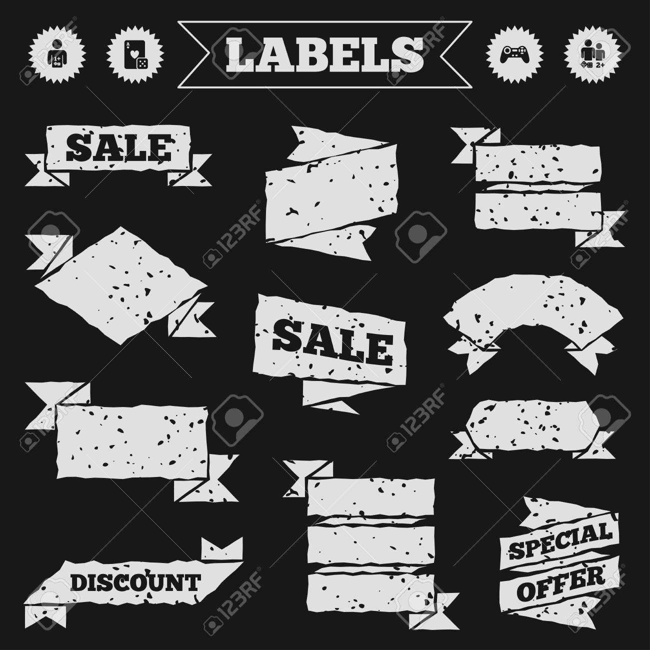 stickers tags and banners with grunge gamer icons board games
