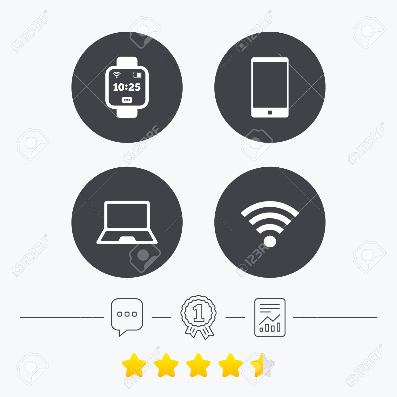 Cones De Notebook E Smartphone Simbolo Do Relogio Inteligente Sinais De Energia Wi Fi E Bateria Simbolo De Rede Sem Fio Dispositivos Moveis Bate Papo Medalha De Premio E Relatar Icones Lineares Classificacao Dos