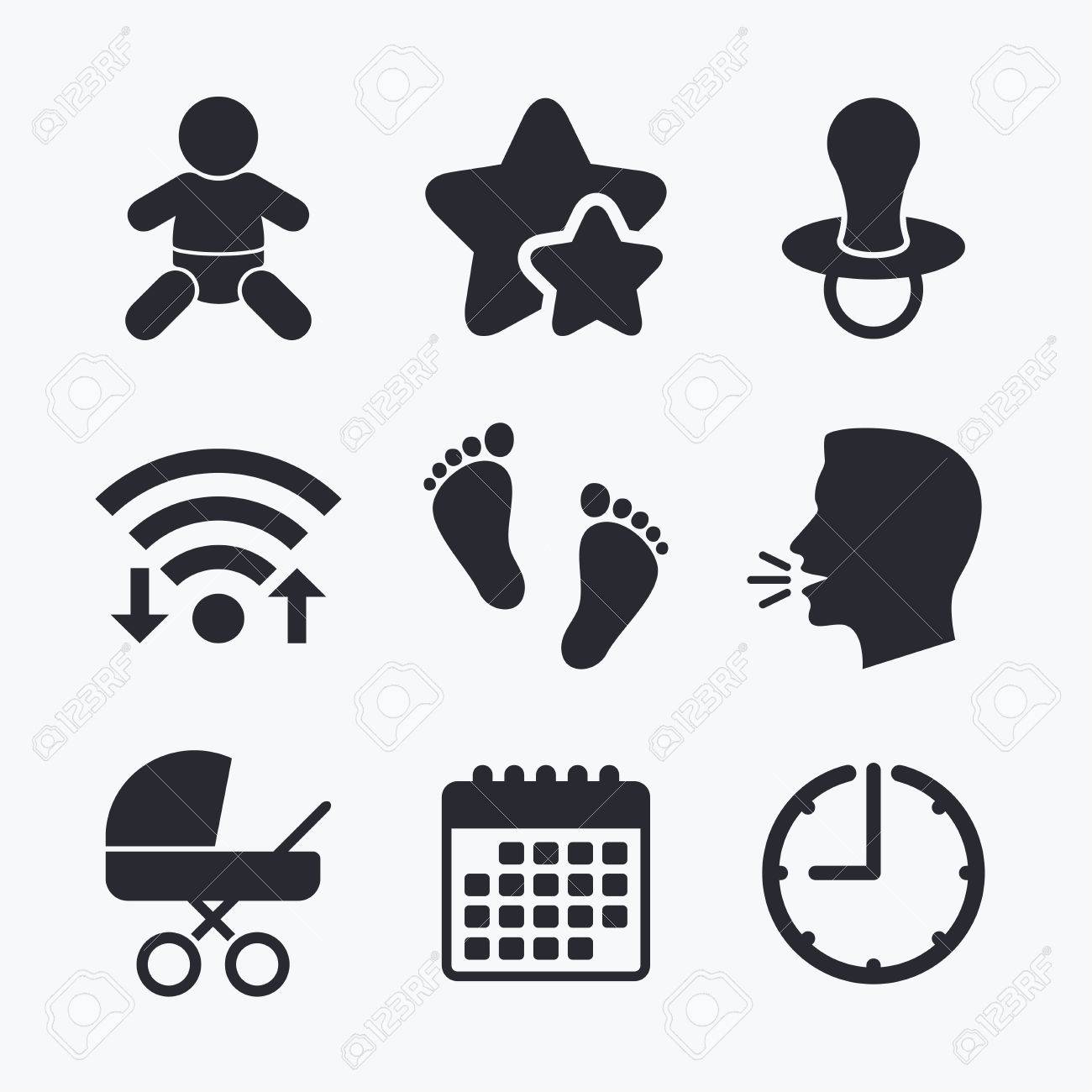 Bebe De Nourrissons De Icones Garcon Enfant Avec Le Symbole Des Couches Buggy Et Signes Factices Sucette Enfant Et Poussette Poussette Empreinte Enfant Signe Pas Internet Wifi Stars Preferees Calendrier Et Horloge