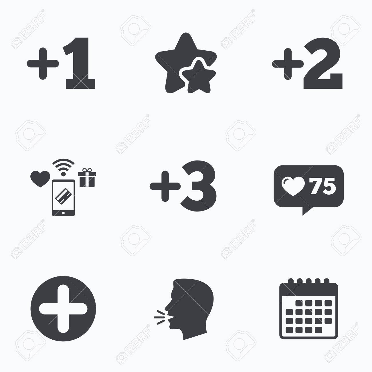 プラス アイコン 肯定的な記号です 1 つ 2 つ 3 つ 4 つのより多くの記号を追加します フラット トーキング ヘッド カレンダー アイコン カウンター アイコンのような星します ベクトルのイラスト素材 ベクタ Image