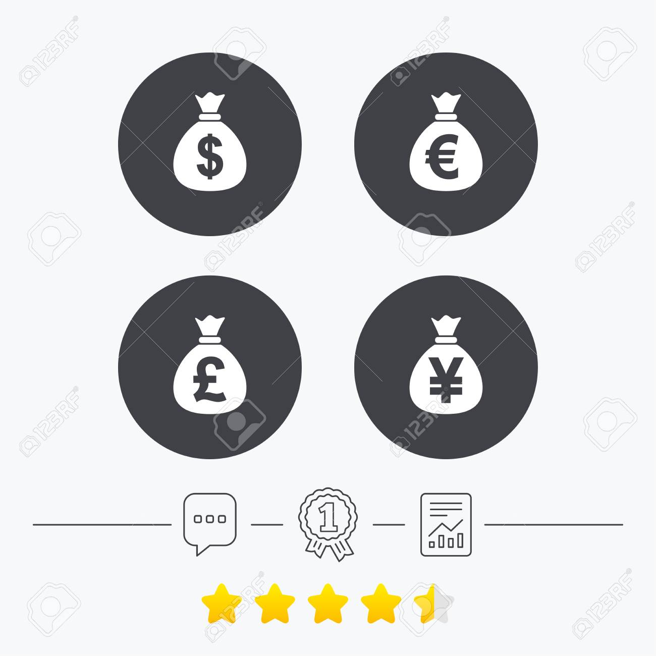 お金袋のアイコン ドル ユーロ ポンド 円記号 米ドル ユーロ ポンド 円の通貨記号 チャット メダルそしてレポート線形アイコン賞を受賞します スター投票ランキング ベクトルのイラスト素材 ベクタ Image