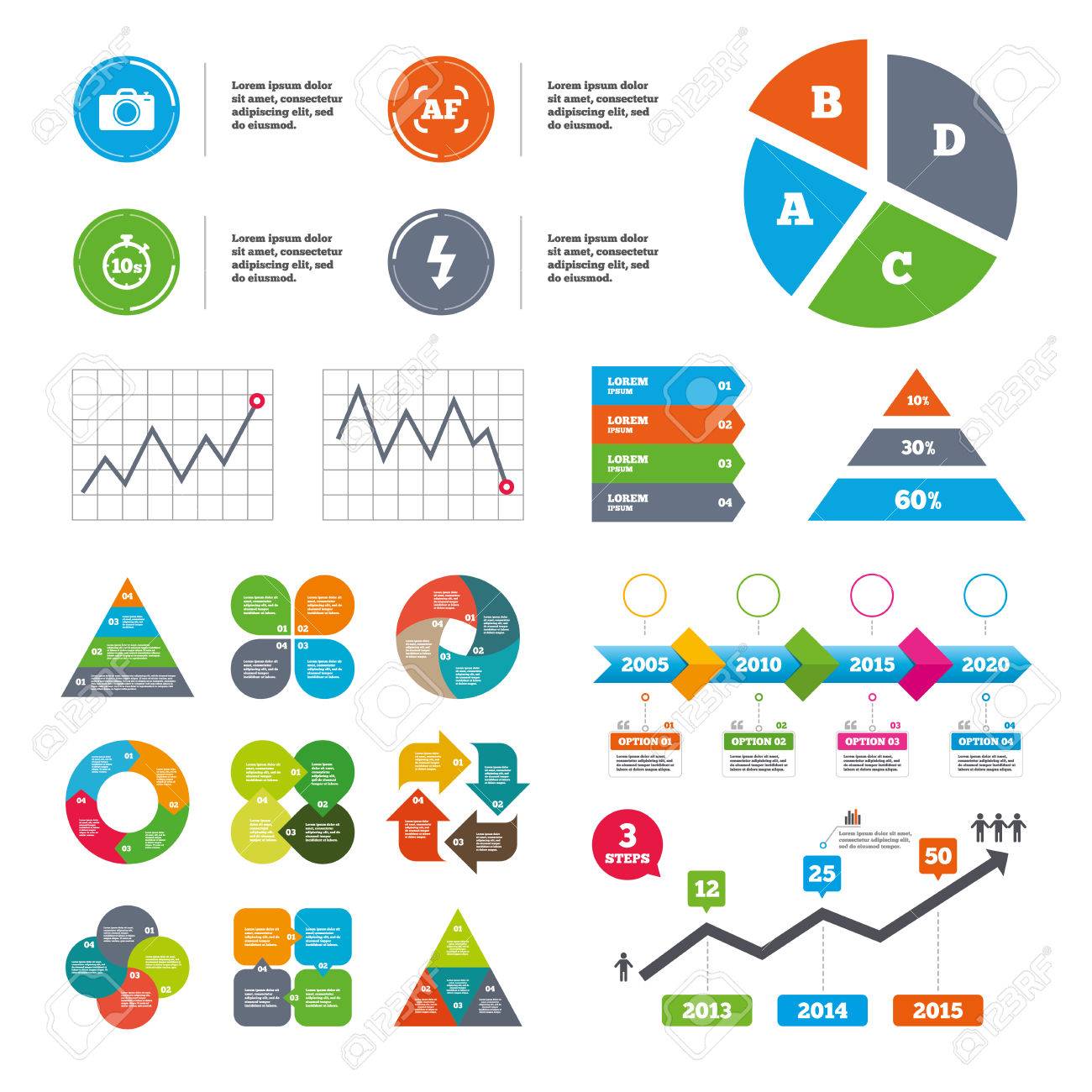 Data Pie Chart And Graphs Photo Camera Icon Flash Light And Autofocus Af Symbols Stopwatch Timer 10 Seconds Sign Presentations Diagrams Vector Royalty Free Cliparts Vectors And Stock Illustration Image 62704569