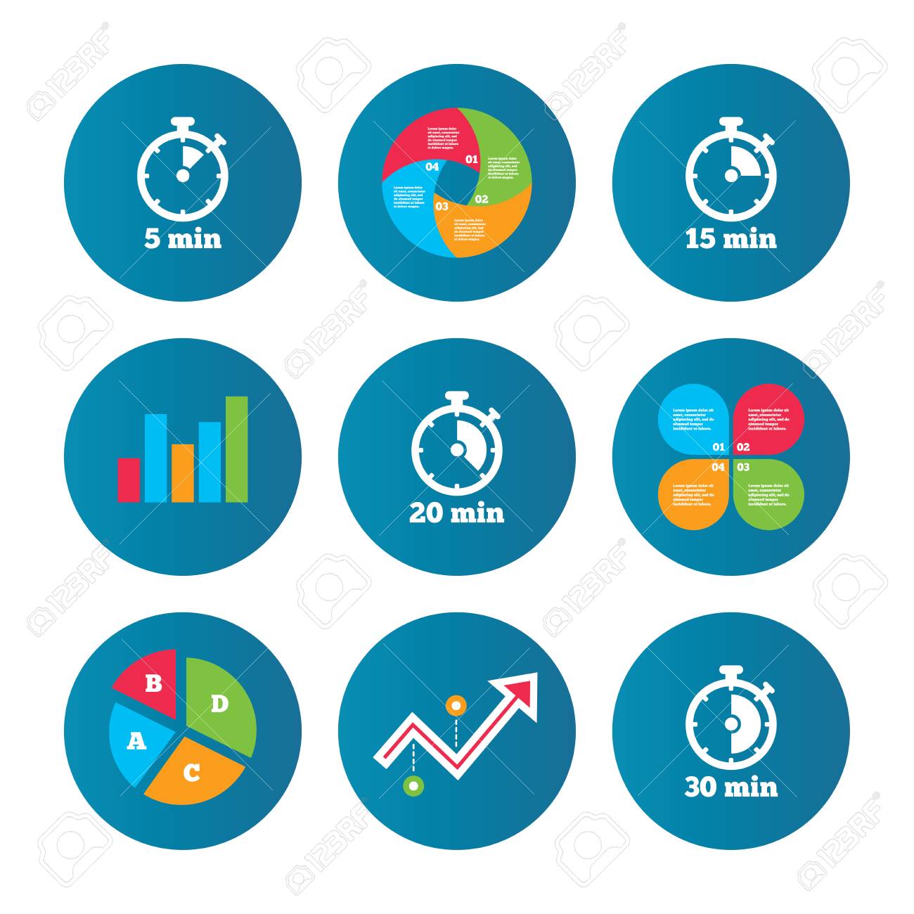 Business Kreisdiagramm Wachstumskurve Prasentation Tasten Timer Symbole 5 15 Und 30 Minuten Stoppuhr Symbolen Datenanalyse Vektor Lizenzfrei Nutzbare Vektorgrafiken Clip Arts Illustrationen Image