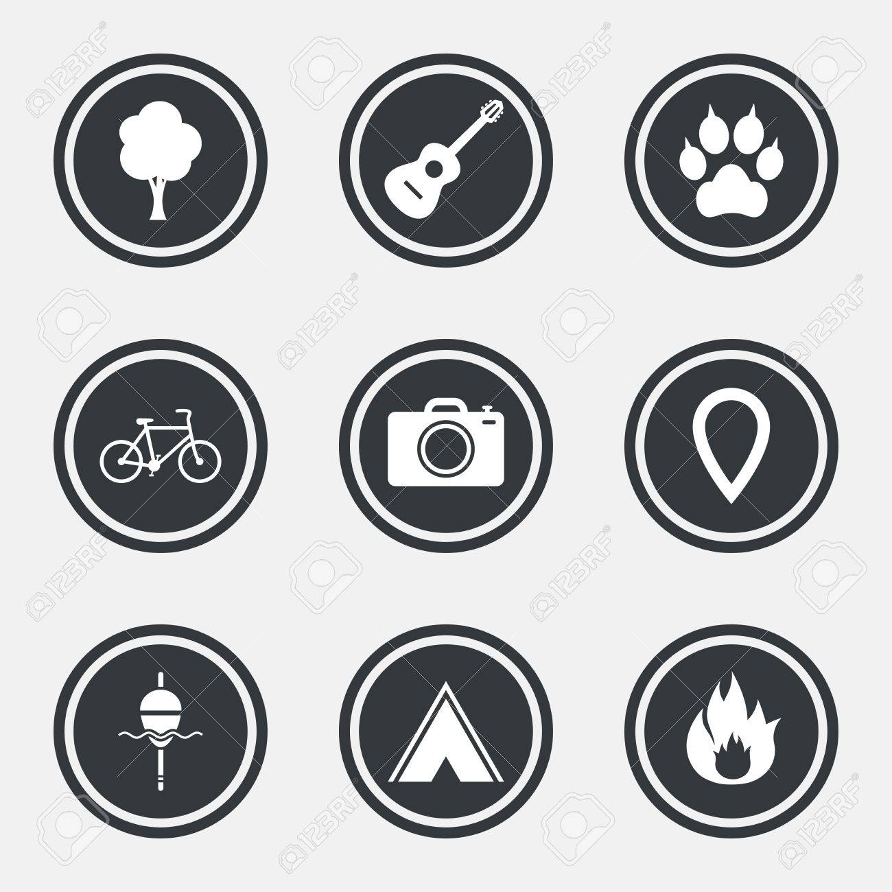 tourism camping icons fishing fire and bike signs guitar bike signs