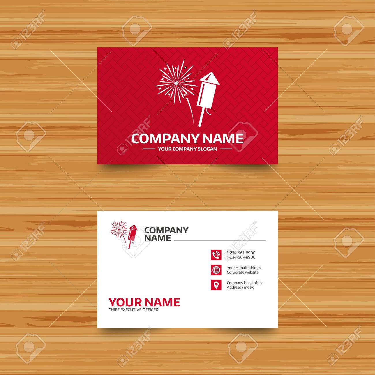 Business Card Template. Fireworks With Rocket Sign Icon. Explosive  Pyrotechnic Symbol. Phone, Globe And Pointer Icons. Visiting Card Design.  Vector Royalty Free SVG, Cliparts, Vectors, And Stock Illustration. Image  64851810.
