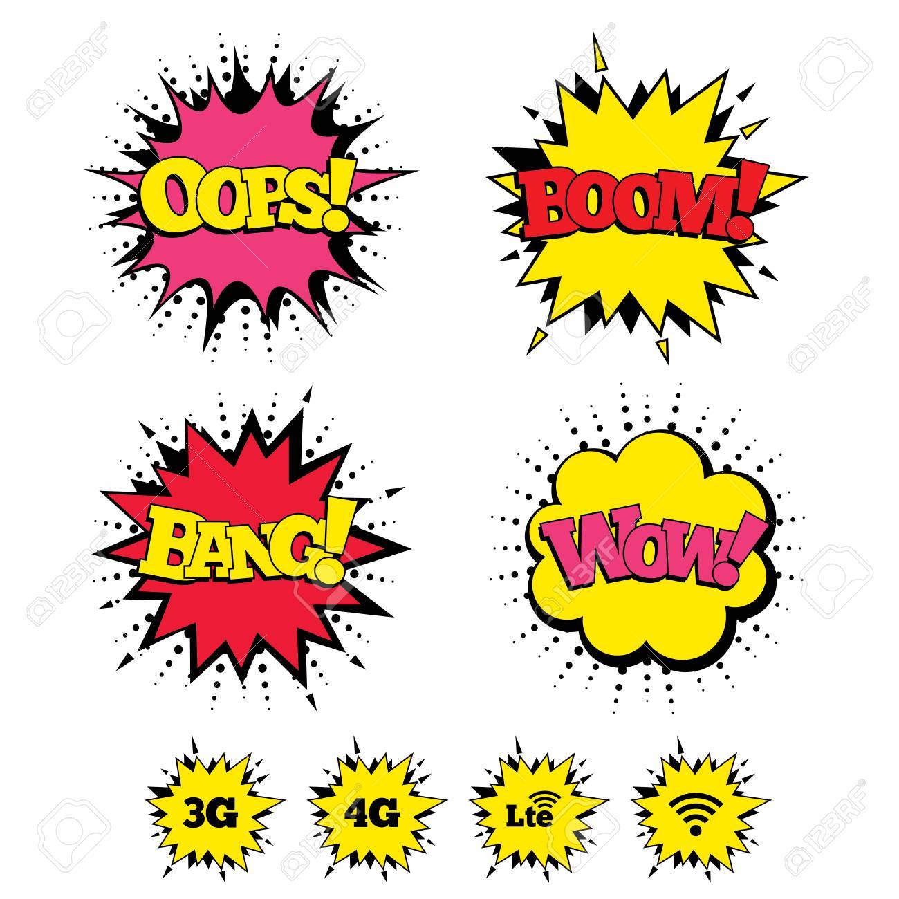 Comic Boom Wow Oops Sound Effects Mobile Telecommunications Royalty Free Cliparts Vectors And Stock Illustration Image 66397355